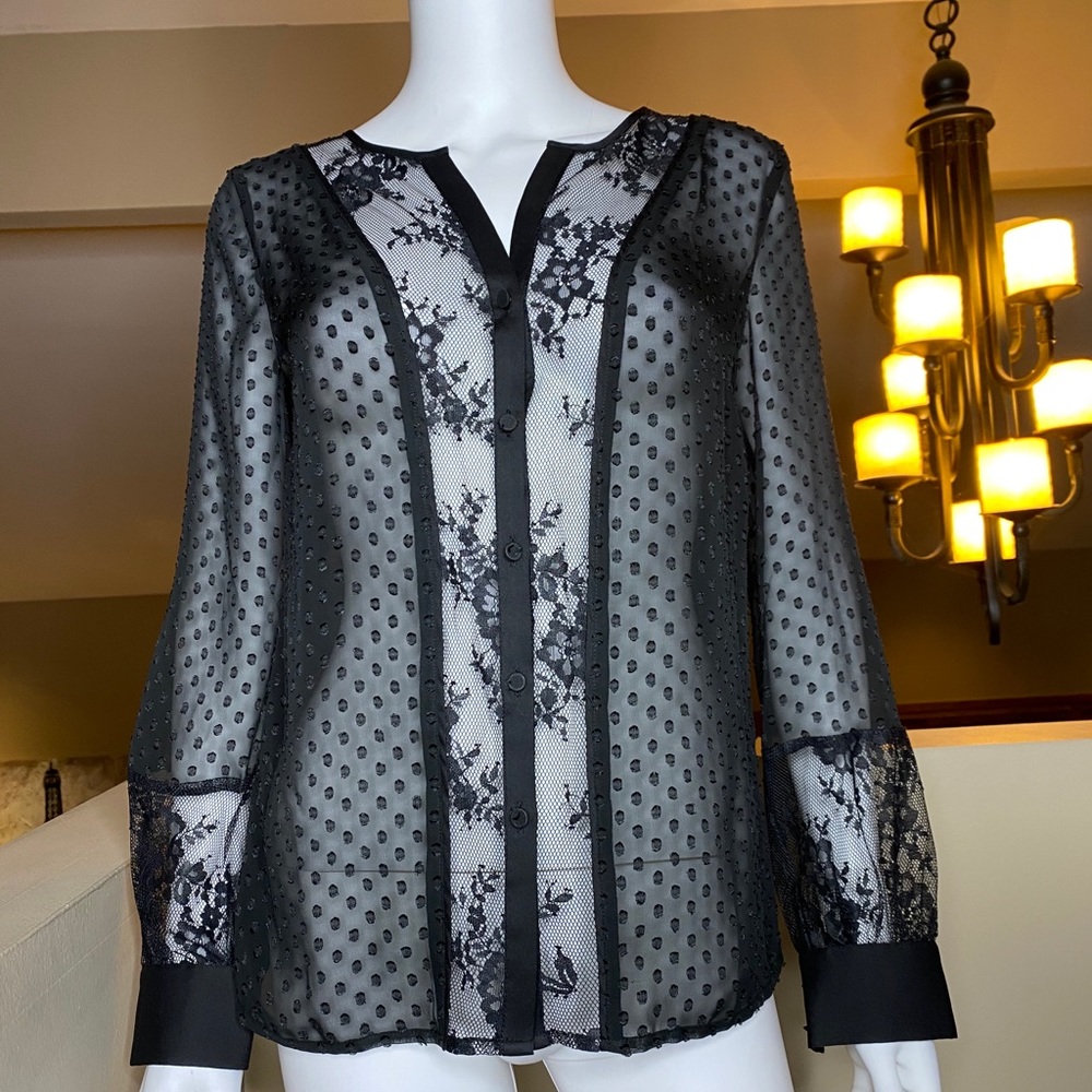 Ann Taylor Polka Dot Black Lace Button Up Blouse